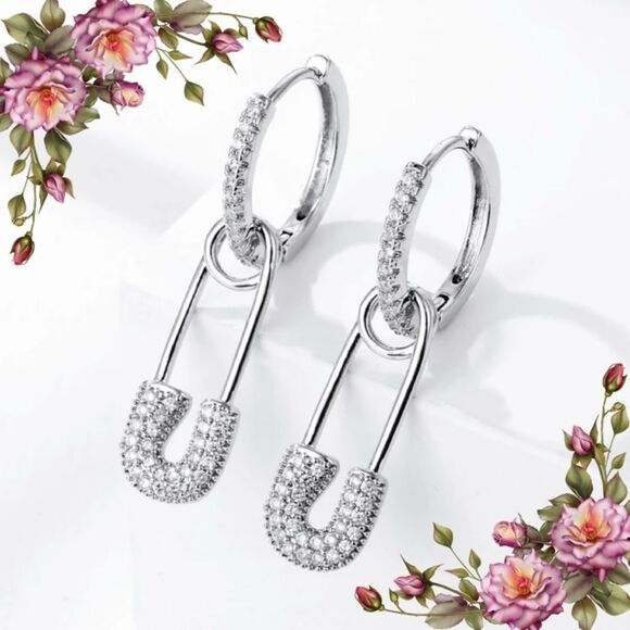 Cubic Zirconia Safety Pin Drop Earrings - Picture 1 of 10